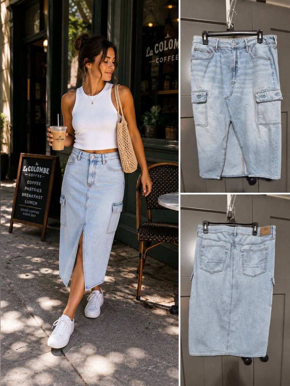 American Eagle High Rise Cargo Midi Denim Skirt Light Wash Size 12